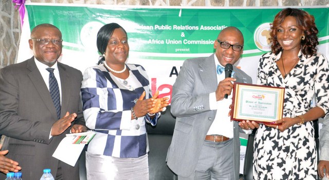 From Left: Mr John Ehiguese, President, PRCAN; Chief Mrs. Obo Edet; State Chairman NIPR; Mr Yomi Badejo-Okusanya, Secretary General, African Public Relations Association (APRA) and Kate Henshaw, Ambassador for African Public Relations Association (APRA), at the Identity Unveiling of  APRA Calabar 2016 Conference in Lagos.