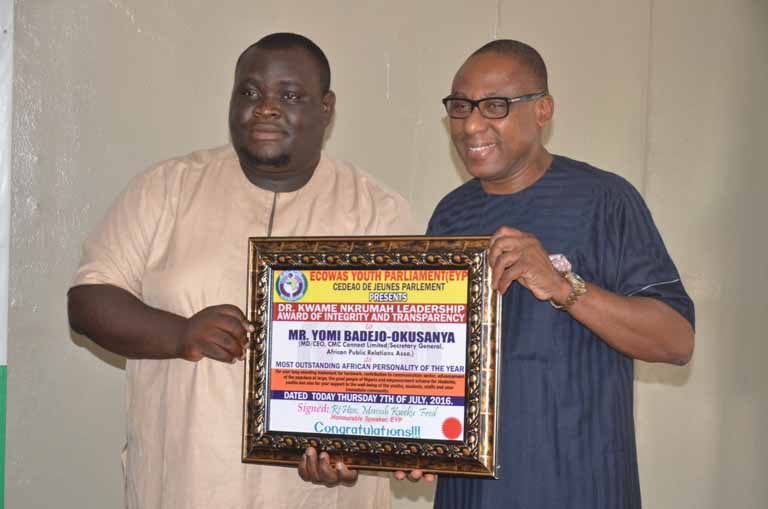  Speaker Ecowas Youth Parliament, Ghana, Rt. Hon Mensah Fred and MD/CEO, CMC Connect Burson Marsteller, Yomi Badejo -Okusanya, during the Ecowas Youth Parliament Award Presentation to Yomi Badejo -Okusanya, held in Lagos recently.