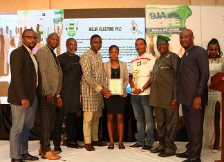 Third from left, Mr Steve Doriigi, Operation Manager, Ikeja City Mall and third from right, Hon. Kehinde Bamigbetan, Commissioner for Information and Strategy, Lagos State and Ikeja Electric Safety Officers displaying their awards during 2018 Nigeria Safety Award for Excellence (9jaSAFE Award) in Lagos-marketingspace.com.ng