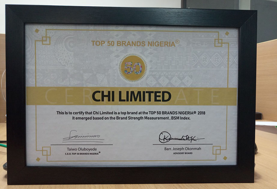 CHI Limited Bags Top 50 Brands Nigeria Award-marketingspace.com.ng